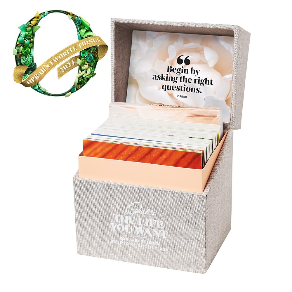 Oprah Daily flip-top linen box keeps questions accessible and stylish.