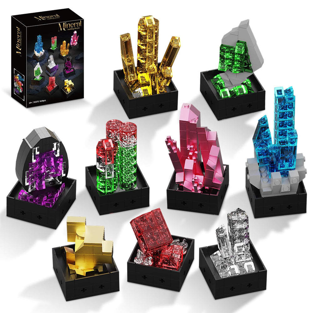 OQMI Mineral Building Block Set with 9 gemstone models on desk for display.