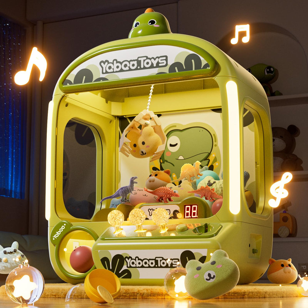 ORANGE OCEAN claw machine front view with dinosaur theme and prizes.