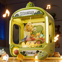 ORANGE OCEAN claw machine front view with dinosaur theme and prizes.