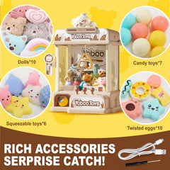 Prize-packed inside view shows plush toys, eggs, and candies