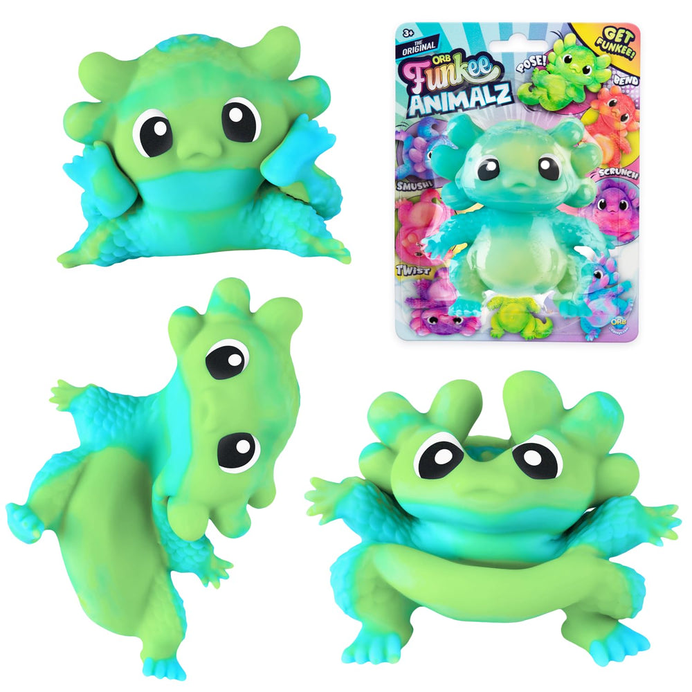 Orb Funkee Animalz Mega Axolotl purple-blue side view, holds poses during sensory play.