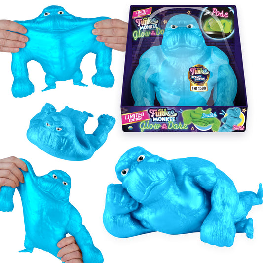 The Orb Factory Jumbo Blue Glow Funkee Monkee in pose-ready stance for playful stress relief.