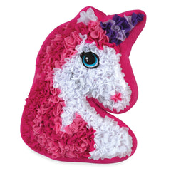 The Orb Factory PlushCraft unicorn pillow features bright pink and purple colors for a vibrant finish.
