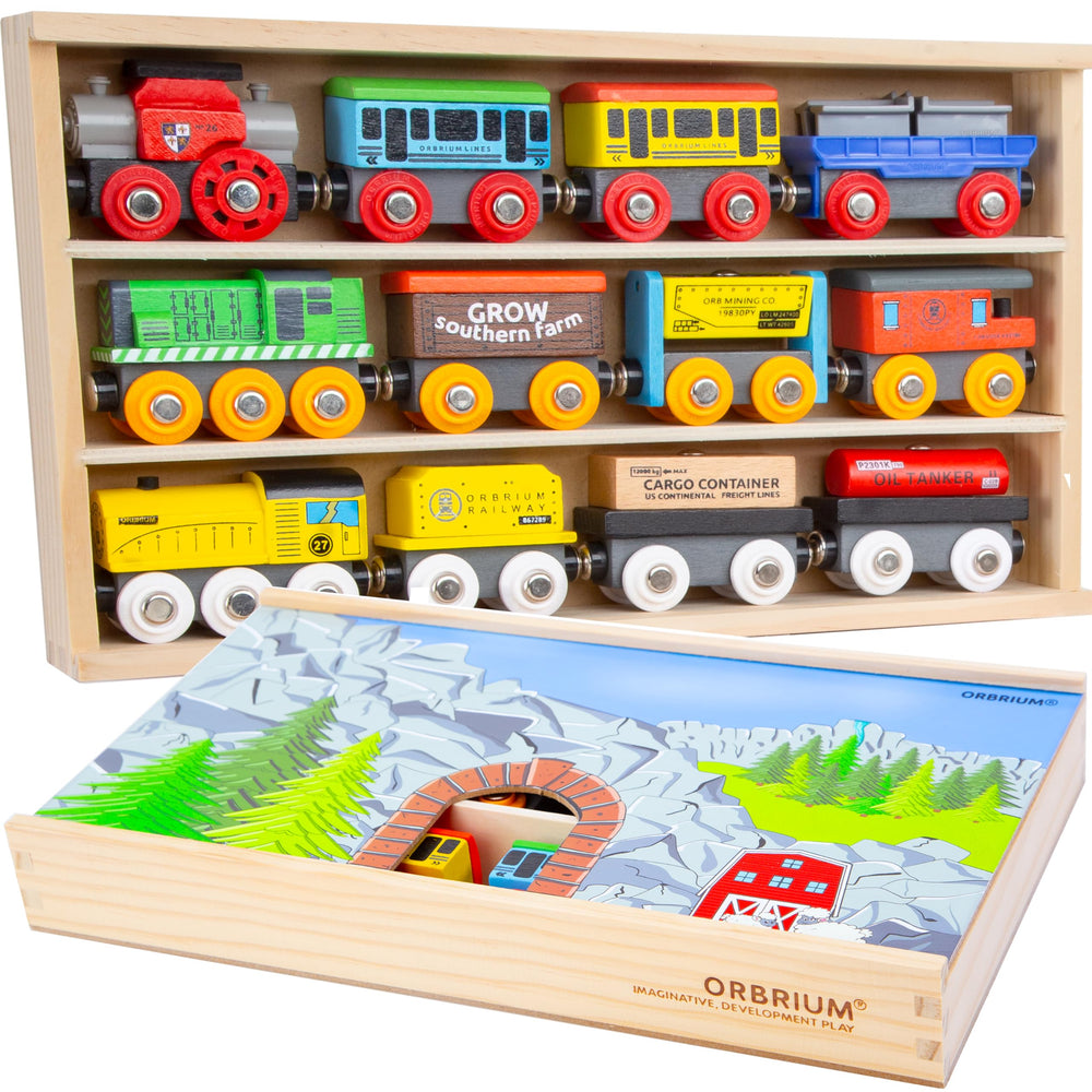 Orbrium wooden train set with 12 magnetic cars ready for play and storage