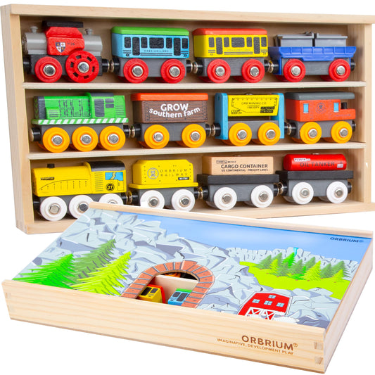 Orbrium wooden train set with 12 magnetic cars ready for play and storage