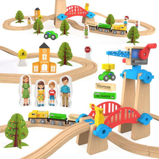 Orbrium wooden train set with crane tower for interactive construction play and motor skills development