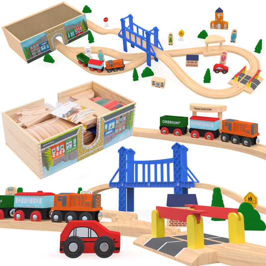 Orbrium Wooden Train Set Deluxe with rails fosters imaginative play in durable wood