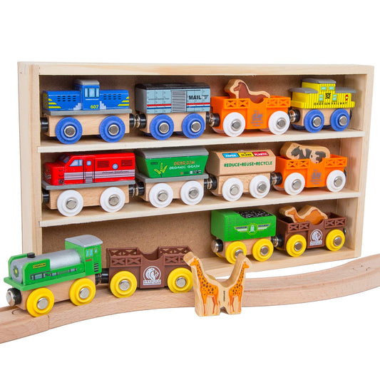 Orbrium Wooden Train Set display frame shows full 18-piece collection for imaginative play