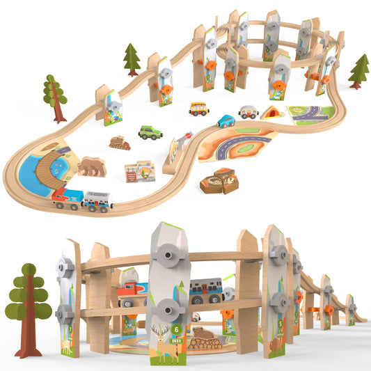 Orbrium wooden train set with elevated track for tall, stable layouts during play.