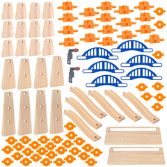Orbrium bridge on wooden train track elevates play with sturdy connections.