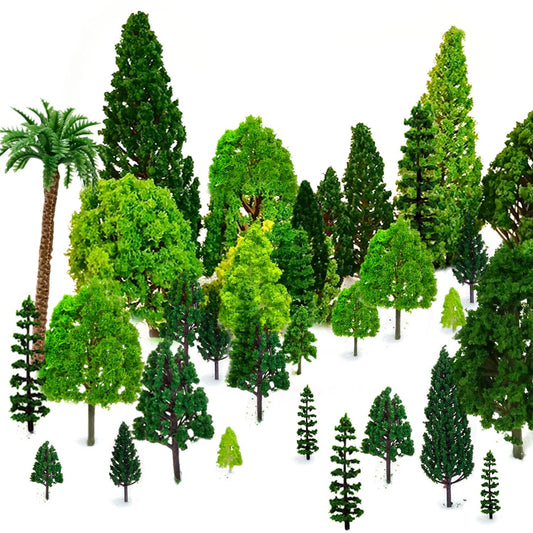 OrgMemory mixed-model trees with varied sizes enhance model railroad scenery.