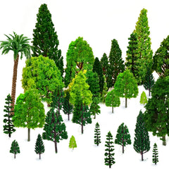 OrgMemory mixed-model trees with varied sizes enhance model railroad scenery.