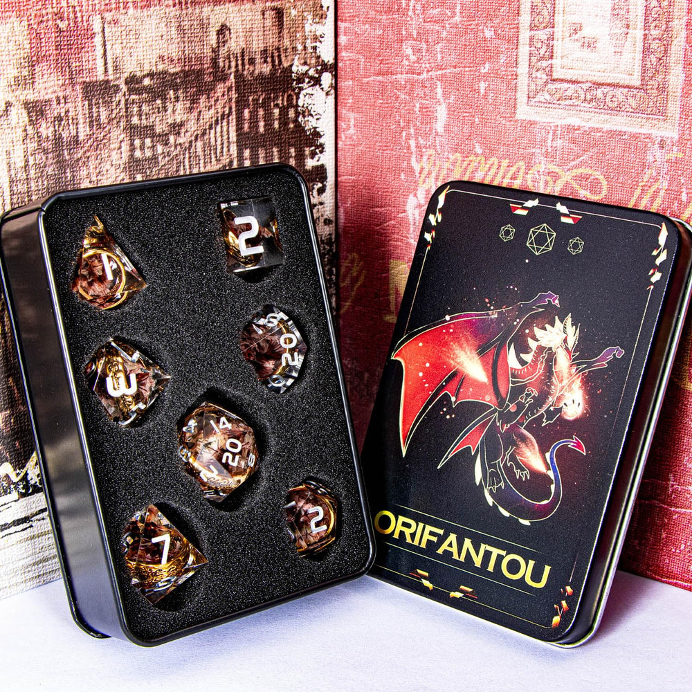 Orifantou gift-ready DND dice set in stylish packaging.