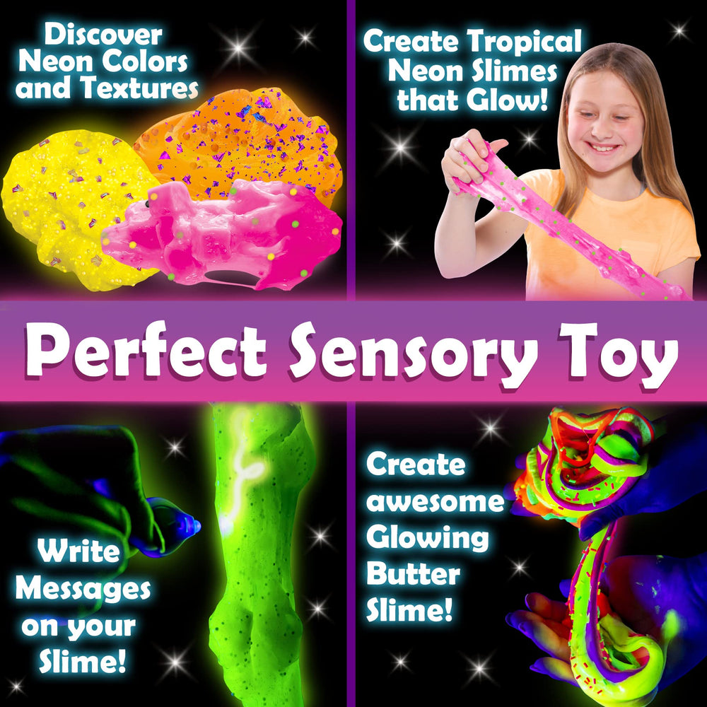 Neon foam beads and jelly cubes featured in a colorful DIY slime setup.