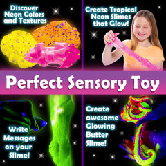 Neon foam beads and jelly cubes featured in a colorful DIY slime setup.