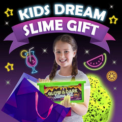 Step-by-step booklet open beside kids crafting glow slime together.