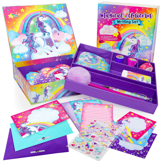 Original Stationery Unicorn Letter Writing Kit box front shows vibrant, organized space for creative writing