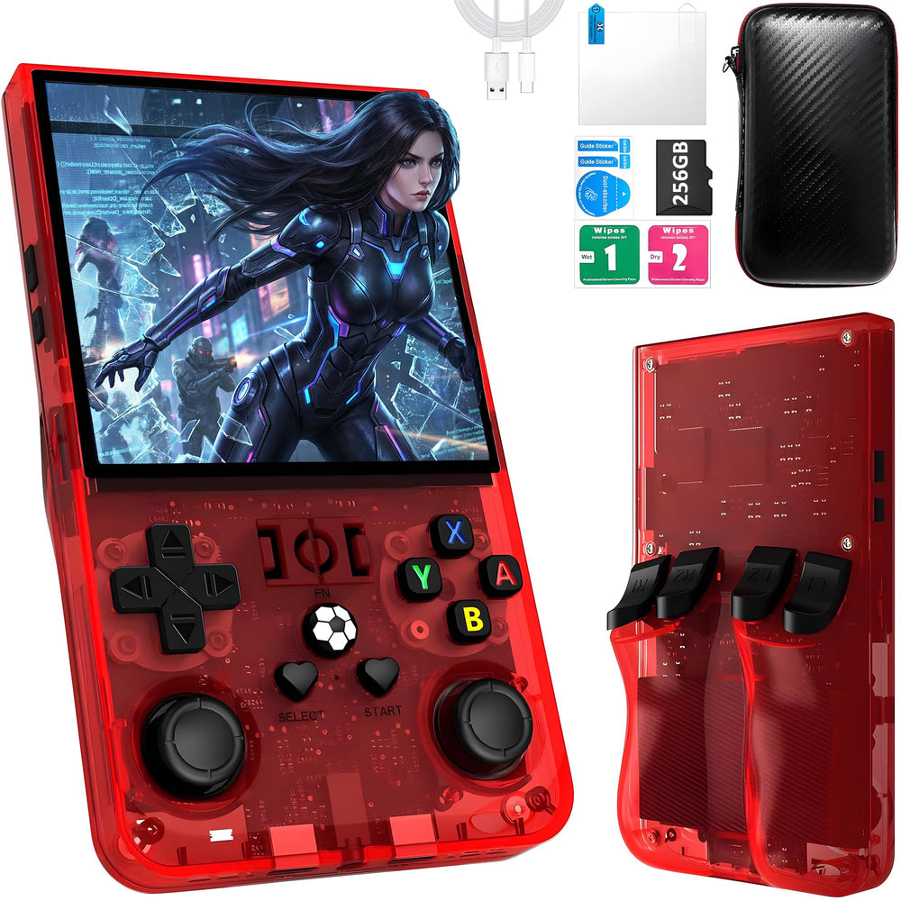 Oromvo R36MAX handheld console transparent red front view for portable retro gaming anywhere.