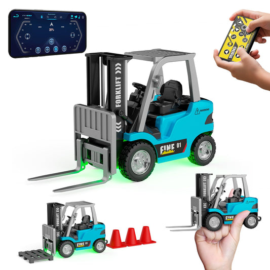 OSIMILY 1/64 RC forklift side view highlights durable alloy build for play and display.
