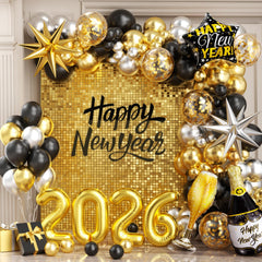 OTLGEUA black-gold-silver balloons arch kit for chic New Year decor.