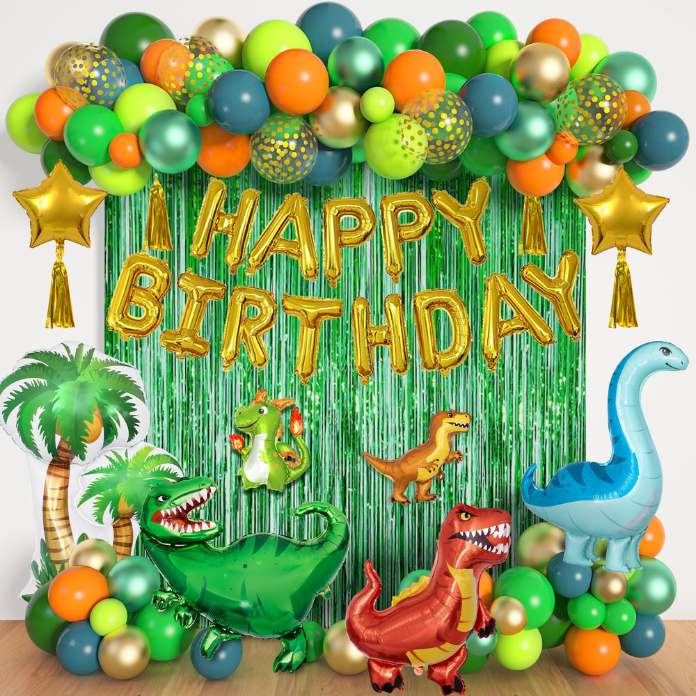 Ouddy Life dinosaur balloon arch kit showcases a jungle backdrop for a birthday party