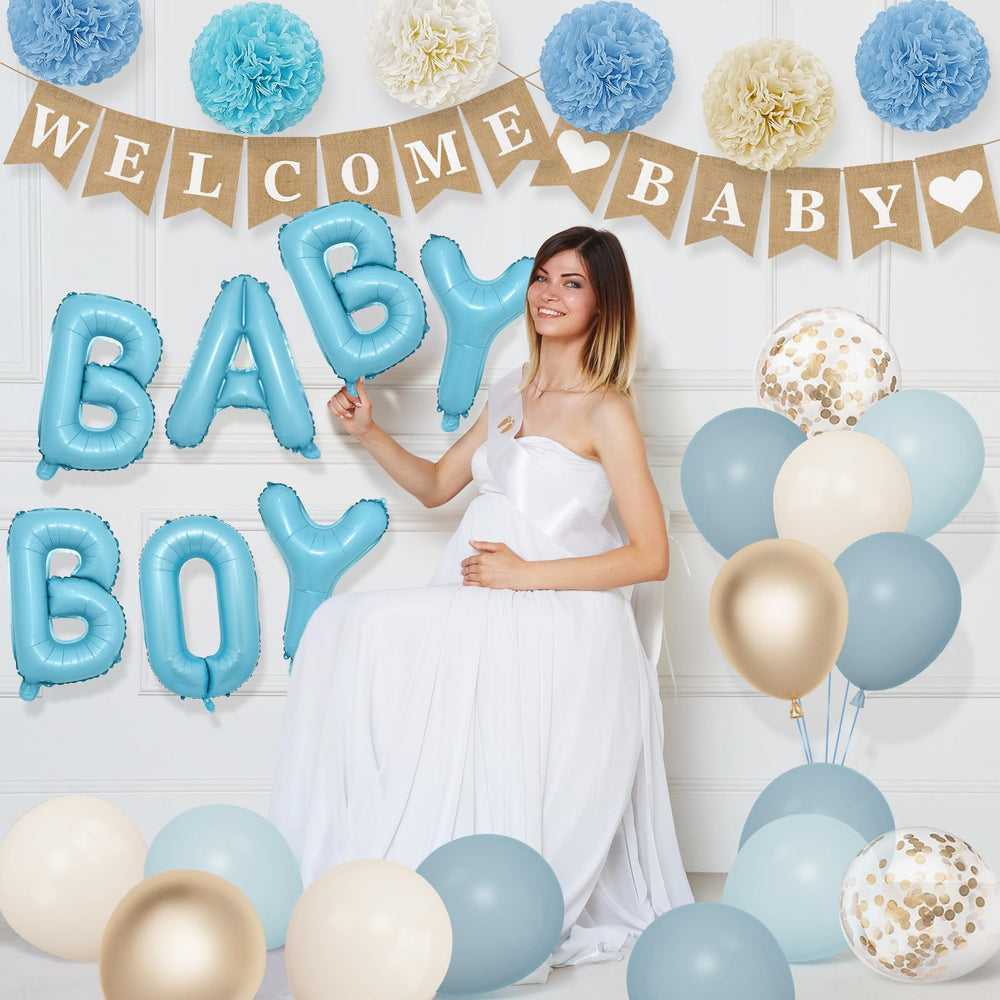 Ouddy Party baby boy foil balloons add festive shine to the display.