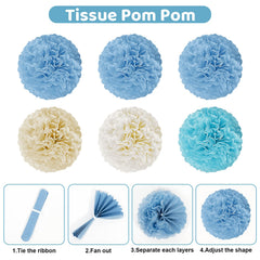 Ouddy Party blue, white, and coffee pompoms add playful texture to centerpieces and photos.