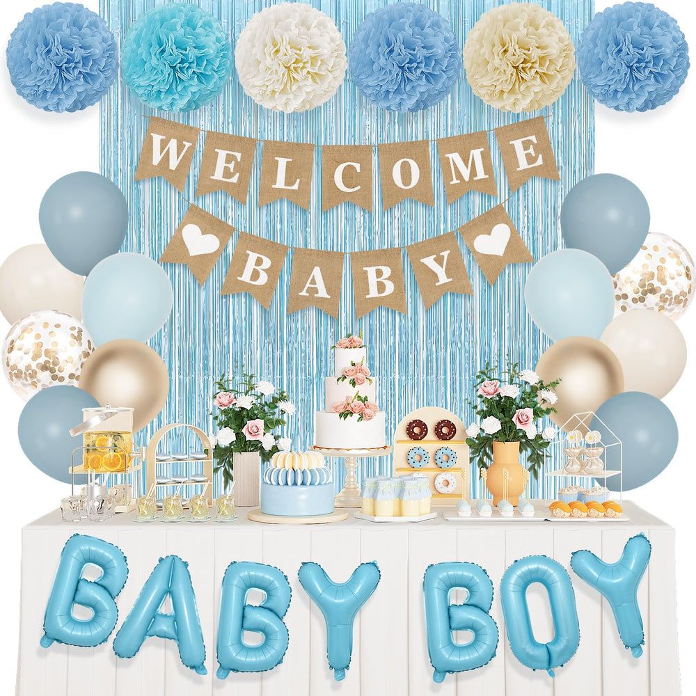 Ouddy Party dusty blue balloons brighten the baby shower with a calming, stylish feel.