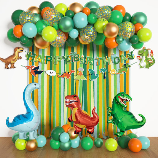 Ouddy Party happy birthday dinosaur banner brightens the party backdrop.