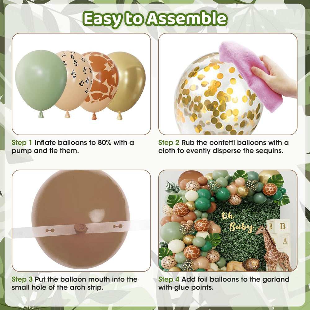 Ouddy Party jungle balloons in sage green and gold enhance woodland ambiance