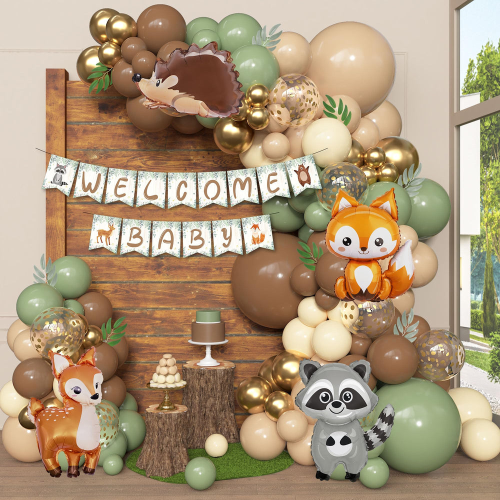 Ouddy Party sage green and brown balloon assortment creates a neutral, versatile backdrop.