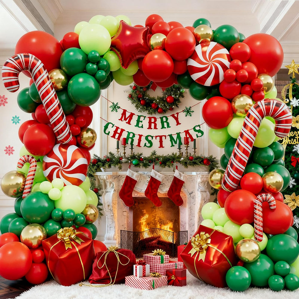 OuhuangDC Christmas balloon arch kit with red-green-gold balloons for a festive venue decor.