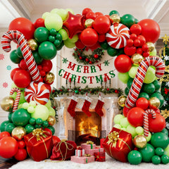 OuhuangDC Christmas balloon arch kit with red-green-gold balloons for a festive venue decor.