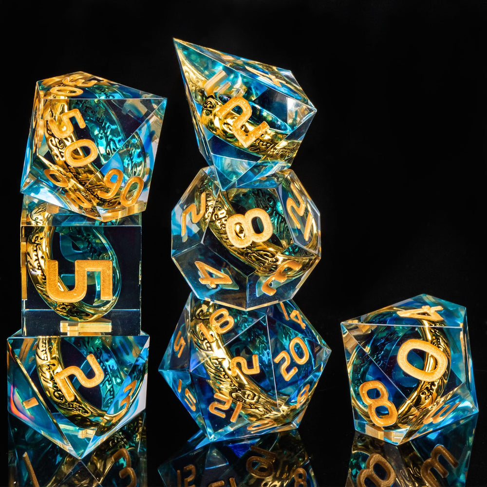 OUKELANWO blue and gold ring-dice close-up highlighting finish and readability