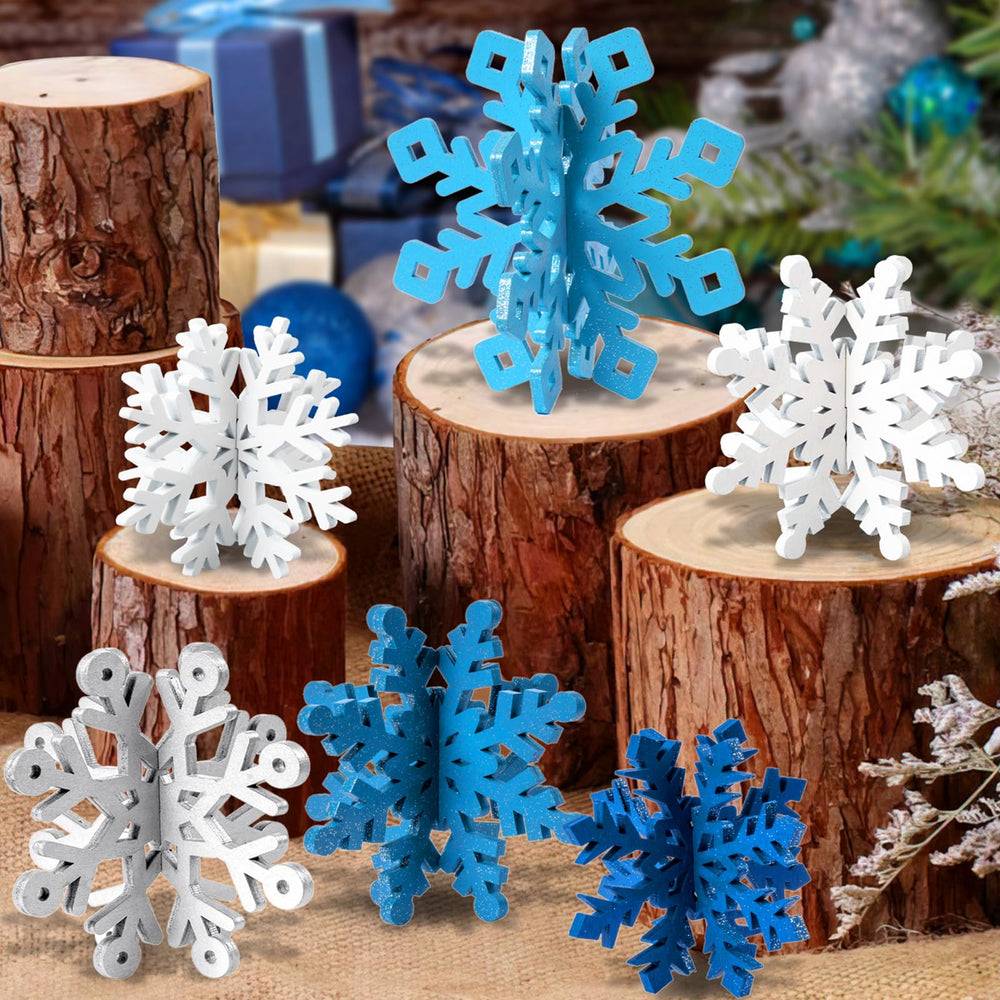 OuMuaMua blue and white glitter 3D snowflake centerpiece for festive tables.