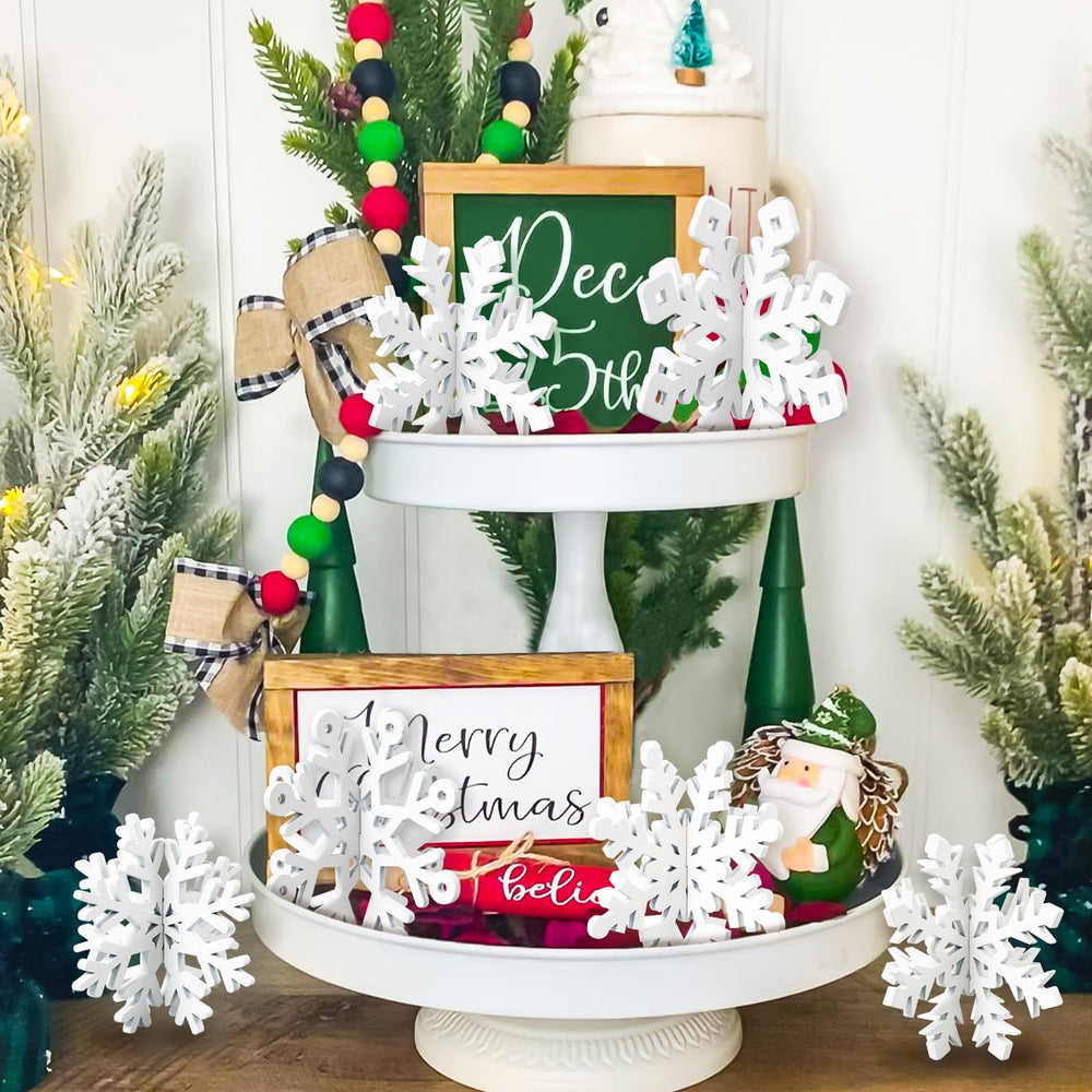 OuMuaMua snowflake wooden centerpiece side view showcasing layered design for elegance.