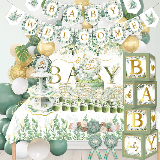 OUNIY sage green backdrop for a neutral baby shower setting