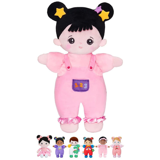 OUOZZZ 10-Inch Soft Baby Doll with pink straps and black hair offers a comforting, gentle touch for playtime.
