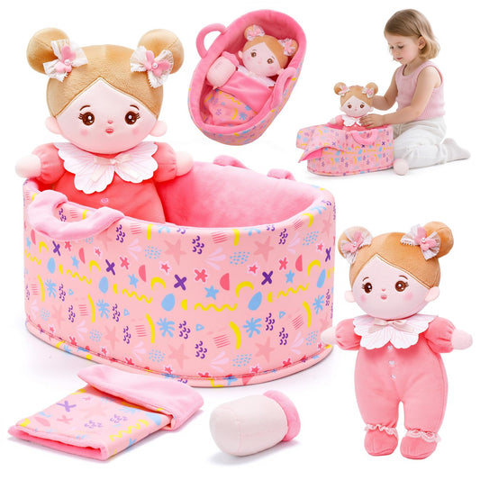 OUOZZZ 10-inch soft baby doll in pink bassinet for nurturing play