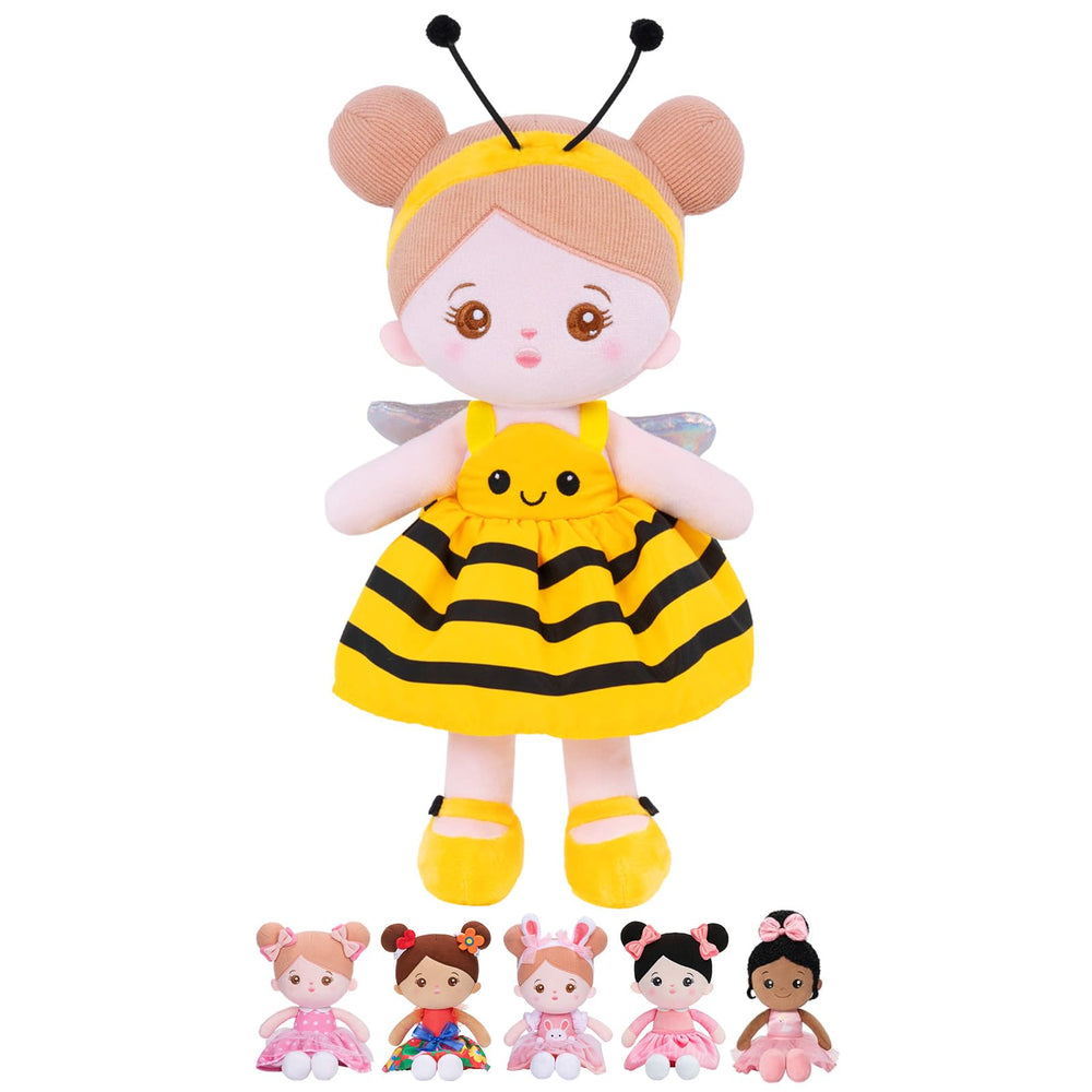 OUOZZZ 12.6-inch soft baby doll in yellow bee dress, perfect for cuddly play and comfort.