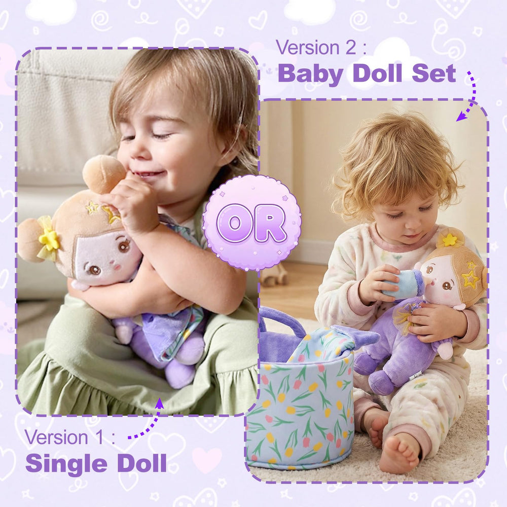 OUOZZZ Soft Baby Doll displayed on a shelf, ideal decor and bedtime buddy.