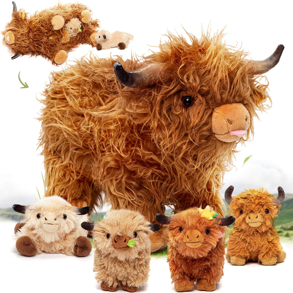 OUOZZZ Highland Cow stuffed animal front view, cuddly plush for comforting play.
