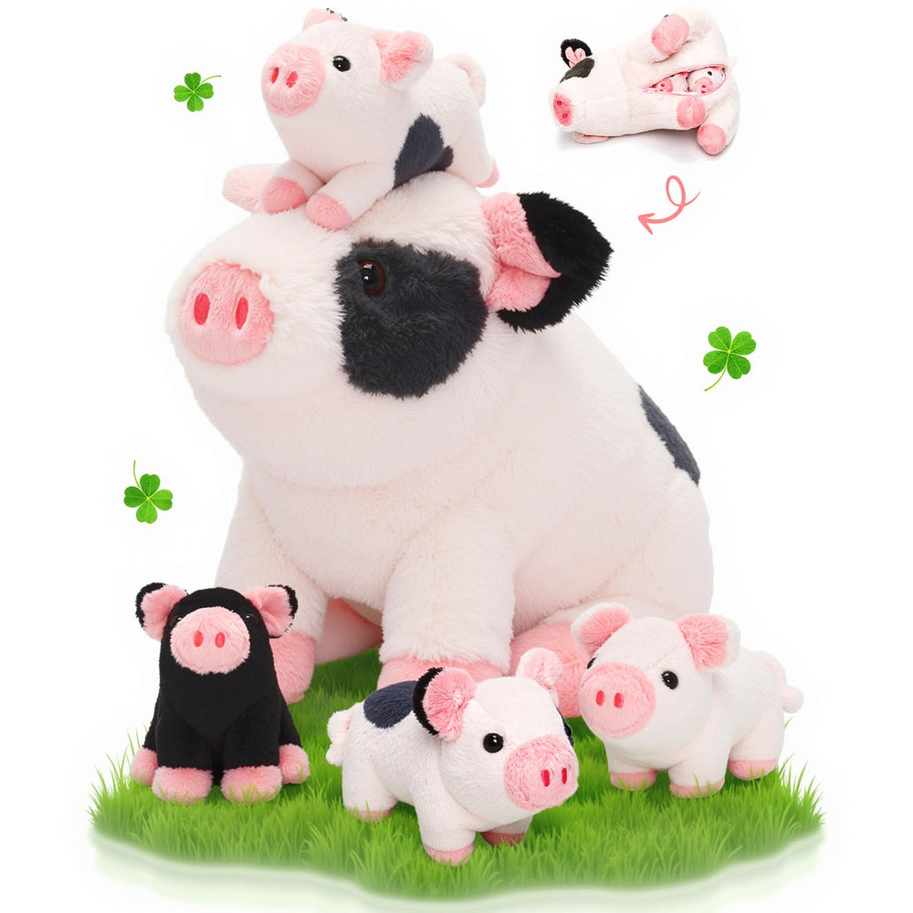 OUOZZZ Spotted Mama Pig 11-inch plush with four piglets inspires imaginative storytelling.