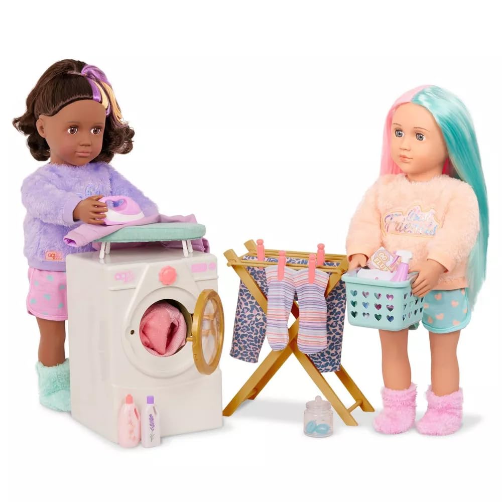 Our Generation playset overview shows washer, hamper, rack, board, and extras.