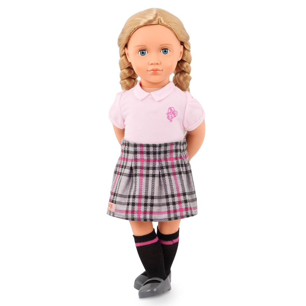 Our Generation Hally includes a book and school accessories for classroom play