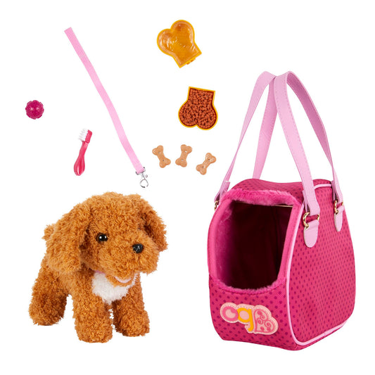 Our Generation poodle plush dog with carrier for cozy pretend travel.