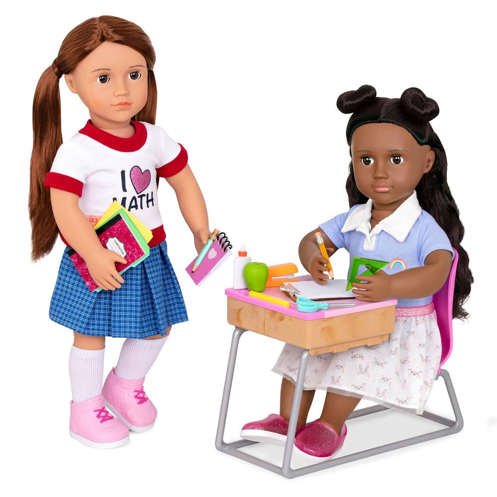 Our Generation school desk set color folders organize assignments and projects.