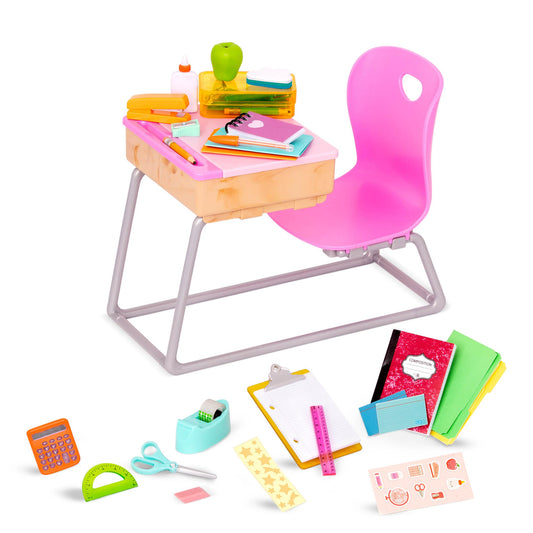 Our Generation school desk set front desk open for organized pretend classroom play.