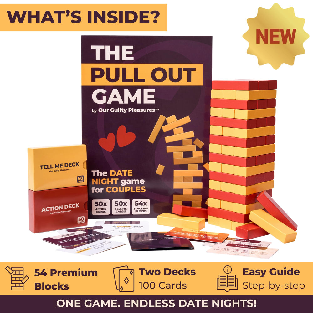 Our Guilty Pleasures pull-out game cards dex shows 50 action and 50 tell me prompts.